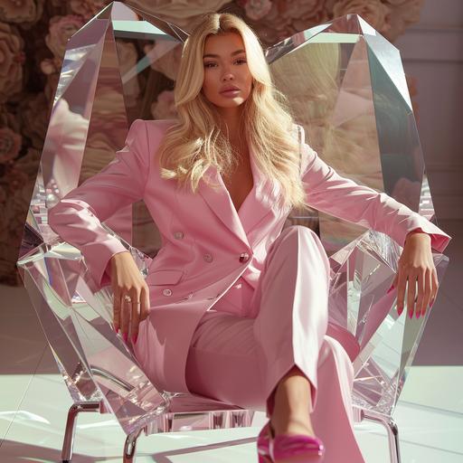 blonde model in a powder pink business suit sitting in a chair shaped like a human cut clear diamond made from acrylic - she has Louboutin shoes in the style of barbie. Human in a picture hyper realistic in 8k