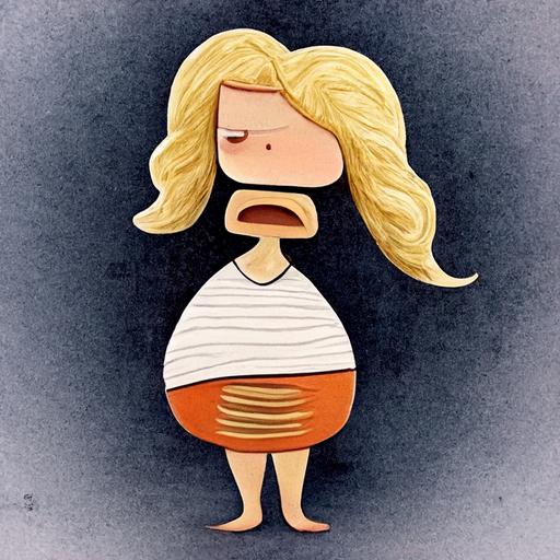blonde pregnant woman cartoon, nauseous, grumpy, animation,
