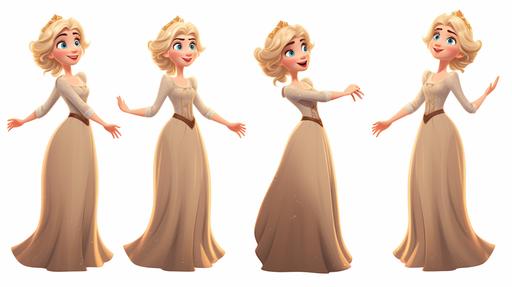 blonde woman, 25 years old, short hair, pixar styled character, multiple expressions and poses, character sheet, full body, crown, modest dress --ar 16:9