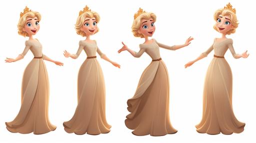 blonde woman, 25 years old, short hair, pixar styled character, multiple expressions and poses, character sheet, full body, crown, modest dress --ar 16:9