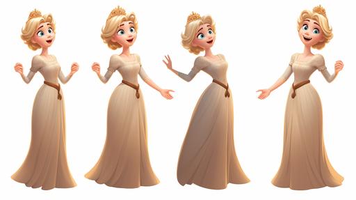 blonde woman, 25 years old, short hair, pixar styled character, multiple expressions and poses, character sheet, full body, crown, modest dress --ar 16:9