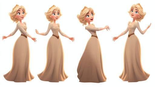 blonde woman, 25 years old, short hair, pixar styled character, multiple expressions and poses, character sheet, full body, crown, modest dress --ar 16:9