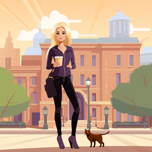 blonde woman, six feet tall, long hair in a pony tail dresssed in jeans and a light purple blouse with black boots, standing front of City Hall in a small, cute town, holding a cup of coffee with a brown burmese cat at her feet. vector style