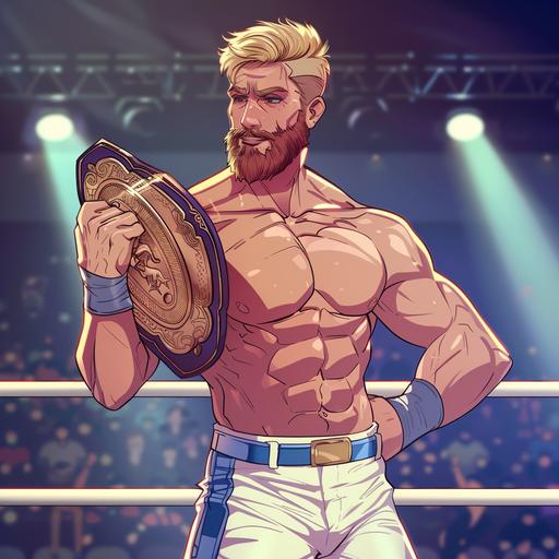 blone haired male wrestler with beard cartoon in white shorts with blue trim holding a wrestling championship belt celebrating while standing in wrestling ring