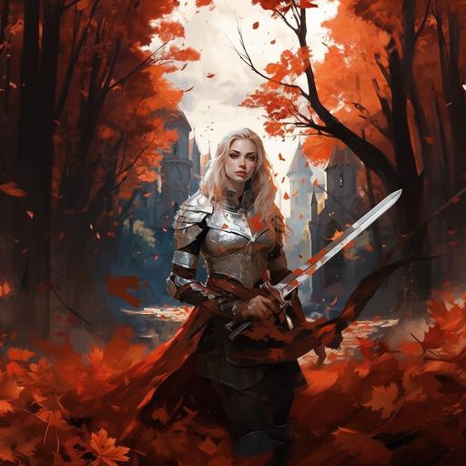 bloodborn scenery autumn, Big Castle, young women with big sword blue eyes broken armor white hear