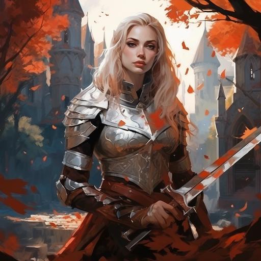 bloodborn scenery autumn, Big Castle, young women with big sword blue eyes broken armor white hear