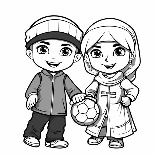 coloring pages cute little muslim boy wearing a muslim cap and little girl hijabiboth 4-6 years old holding a soccer ball