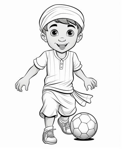 coloring pages little cute five year old muslim boy, playing soccer cartoon style thick lines, low detail, no shading --ar 9:11