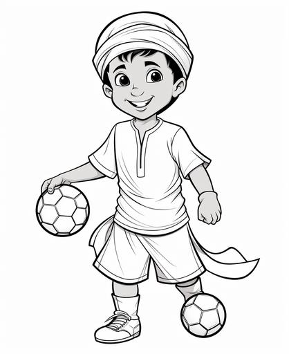 coloring pages little cute five year old muslim boy, playing soccer cartoon style thick lines, low detail, no shading --ar 9:11