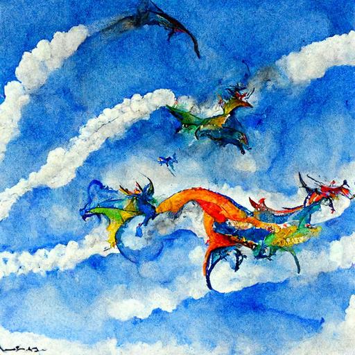 blu sky with flying colorful dragons, watercolor drawing