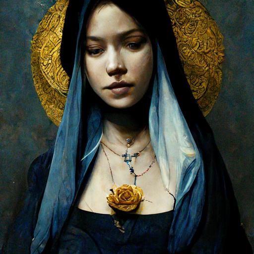blue and black rosary with roses and the Virgin Mary realistic