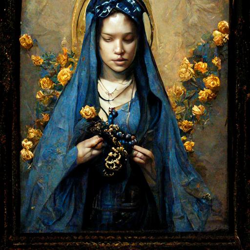 blue and black rosary with roses and the Virgin Mary realistic