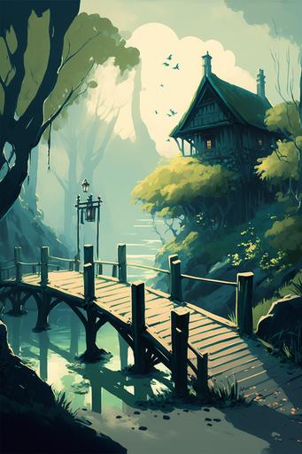 blue and green southern France landscape with a little wooden bridge and some wooden fences silver sunlight wide cinematic concept art stylized in the style of miHoYo/rossdraws --ar 2:3