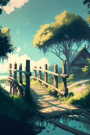 blue and green southern France landscape with a little wooden bridge and some wooden fences silver sunlight wide cinematic concept art stylized in the style of miHoYo/rossdraws --ar 2:3