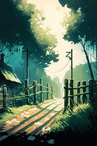 blue and green southern France landscape with a little wooden bridge and some wooden fences silver sunlight cool colors wide cinematic concept art stylized in the style of miHoYo/rossdraws --ar 2:3