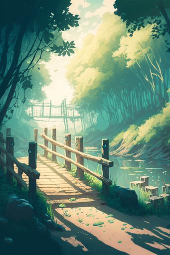 blue and green southern France landscape with a little wooden bridge and some wooden fences silver sunlight cool colors wide cinematic concept art stylized in the style of miHoYo/rossdraws --ar 2:3