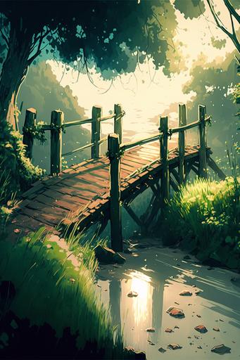 blue and green southern France landscape with a little wooden bridge and some wooden fences silver sunlight wide cinematic concept art stylized in the style of miHoYo/rossdraws --ar 2:3