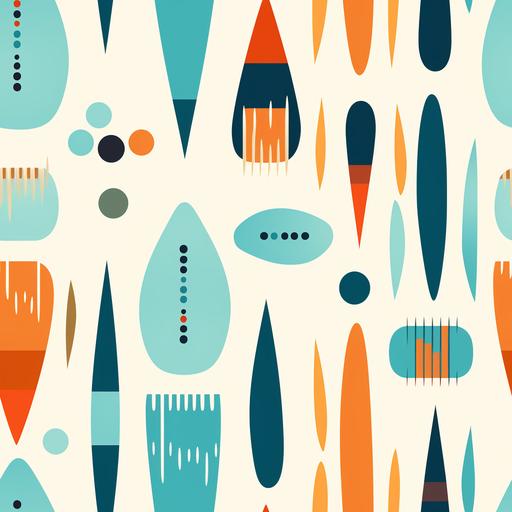 blue and orange geometric prints, in the style of light beige and turquoise, retro-style, trompe-l'œil illusionistic detail, flickr, animated gifs, stenciled iconography, elongated forms --tile --ar 1:1