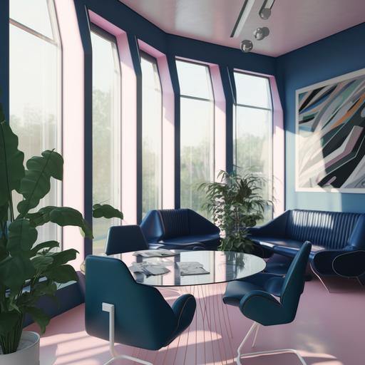 blue and pink pastel, zaha hadid like, chrome and glass interior, leather sofas and pantry in one corner next to windows with morning light, very clean, indigo light walls with paintings and quotes in frames, teak frame vintage ceiling, ultra modern fluid futuristic interior, glass and dark concrete, volumetric light shimmering, with plants, artist mood, view to a conference room, electrical punk, tall ceiling, glass and metal windows, electronics, brown cow leather chairs, serene, pastel minimalist architecture, with morning light, futuristic ultimate call centre desk and office for 40 pax, big hall view, with tile circulation area and carpet ,photography award, cover magazine