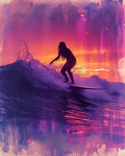 blue and purple sky, incandescent plasma neon rainbow waves,woodblockprint art surfing lady 70s style overprint --v 6.0 --s 600 --c 15 --ar 4:5
