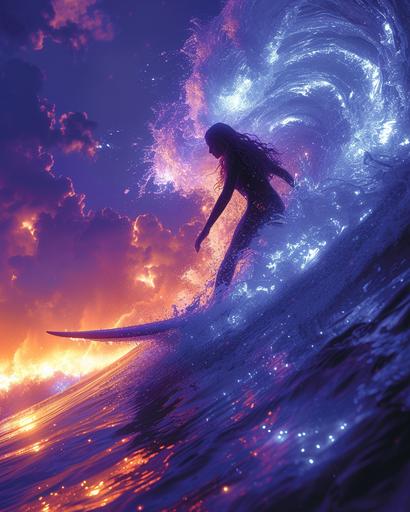 blue and purple sky, incandescent plasma neon rainbow waves,woodblockprint art surfing lady 70s style overprint --v 6.0 --s 600 --c 15 --ar 4:5