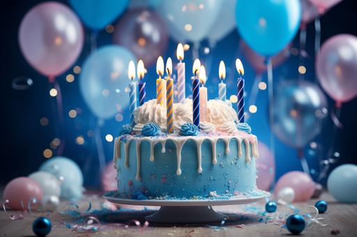 blue and white cake with candles surrounded by white balloons, in the style of vray tracing, maximalist, cranberrycore, kodak gold 200, focus stacking, richly layered, leica cl --ar 3:2