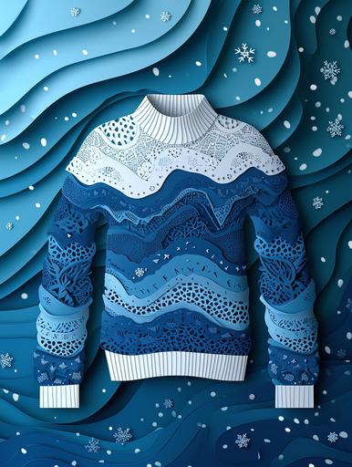 blue and white ugly sweater in paper cut design, Paper cut, papercut, material design, paper shadow, 3d, graphic wallpaper, parallax papercut, 3d wallpaper, artistic, blurred drop shadow, graphic design --ar 3:4 --v 6.0