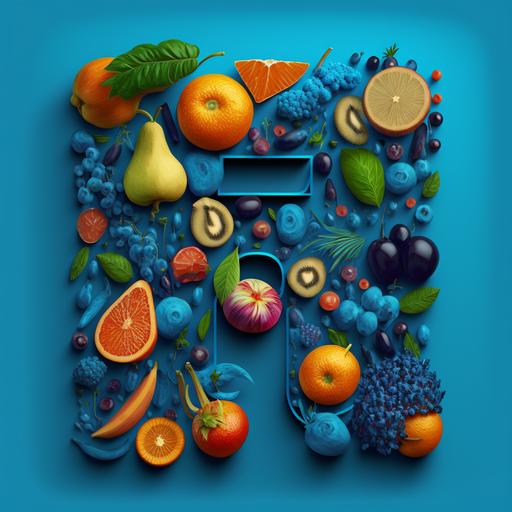 blue back ground,fruts,vegetbeles ,english alphabet a,b,c,d,around big magnifiyng galss