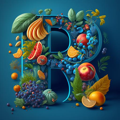 blue back ground,fruts,vegetbeles ,english alphabet a,b,c,d,around big magnifiyng galss