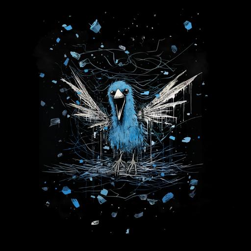 blue bird from twitter logo trapped by white bold threads, white threads entangle the bird's wings, bird's emotions are despair and fear, dramatic scene, horror, cyber, web punk, suspense, poster, color marker style, dark,