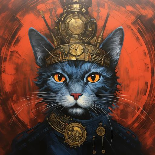 'blue cat', oil on canvas, 24 x 36 cm, in the style of dark bronze and orange, ink wash, gold leaf and gilding, dutch and flemish, playful mixed-media portraits, detailed background elements, industrial paintings