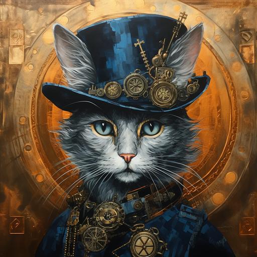 'blue cat', oil on canvas, 24 x 36 cm, in the style of dark bronze and orange, ink wash, gold leaf and gilding, dutch and flemish, playful mixed-media portraits, detailed background elements, industrial paintings