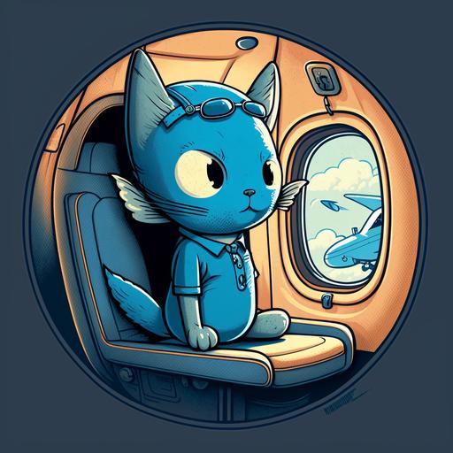 blue cat with a big round head. on a t-shirt the cat has a sign > blue in airplane first class
