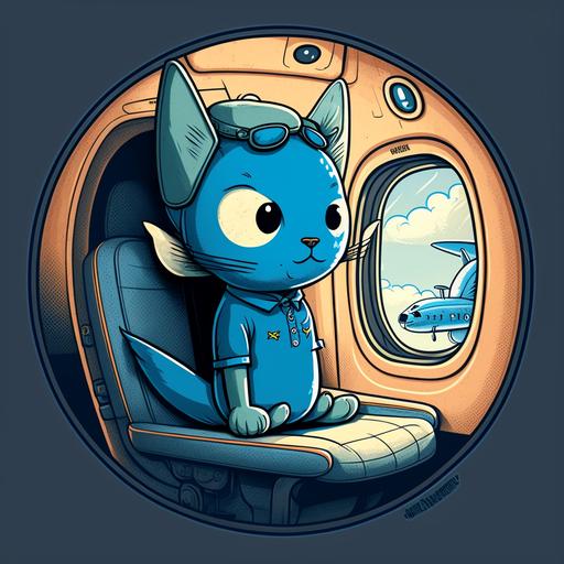 blue cat with a big round head. on a t-shirt the cat has a sign > blue in airplane first class