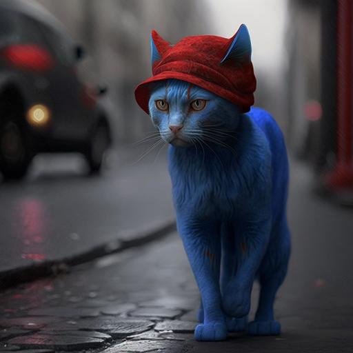 blue cat with red hat walk on the street