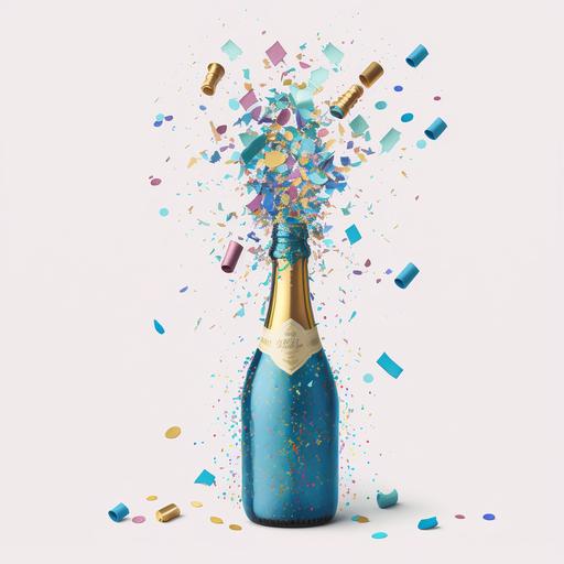 blue champagne bottle with rainbow confetti falling on it