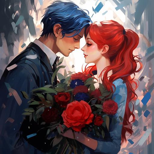 blue colors, red hair, happy couple, bouquet