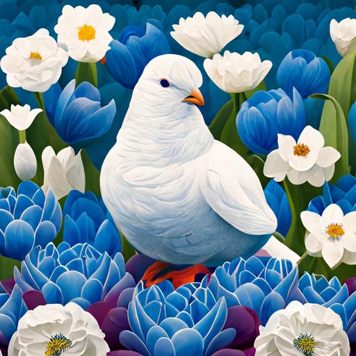 blue dove cartoon , perched on a field of white dahlias and colorful tulips