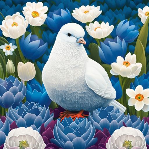 blue dove cartoon , perched on a field of white dahlias and colorful tulips