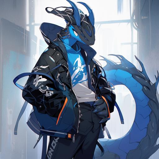blue dragon character, full body, cyberpunk clothing style, high cartoon, blue, dragon --s 250 --niji 5