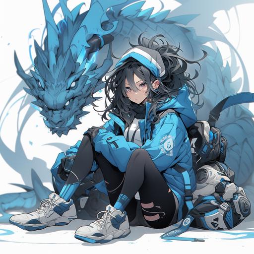 blue dragon character, full body, cyberpunk clothing style, high cartoon, blue, dragon --s 250 --niji 5