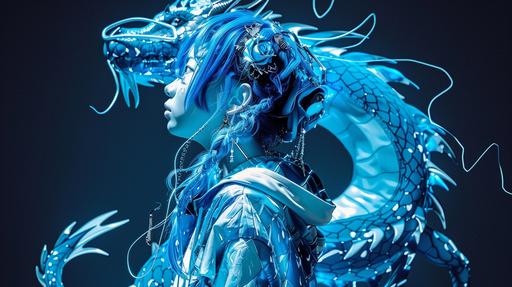 blue dragon character, full body, cyberpunk clothing style, high cartoon, blue, dragon, ultraviolet blacklight, ektachrome photograph --style raw --no red yellow orange --chaos 100 --ar 16:9 --sw 400 --stylize 1000 --weird 100 --sref
