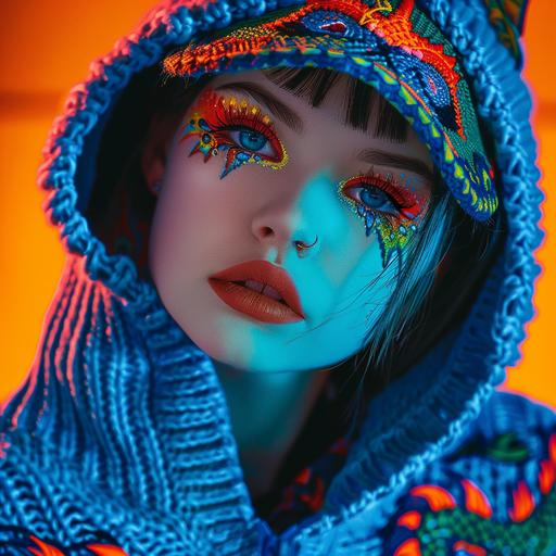 blue dragon hoodie on a 20 year old girl, bright colorful lipstick, eyeliner and eye shadow, knit hoodie, orange lighting