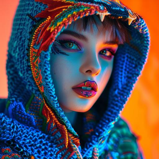 blue dragon hoodie on a 20 year old girl, bright colorful lipstick, eyeliner and eye shadow, knit hoodie, orange lighting