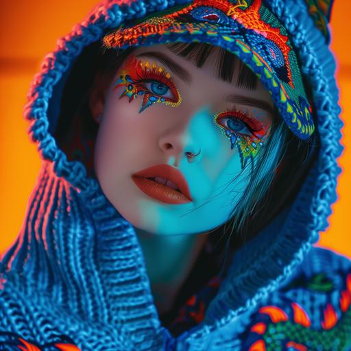 blue dragon hoodie on a 20 year old girl, bright colorful lipstick, eyeliner and eye shadow, knit hoodie, orange lighting --v 6.0