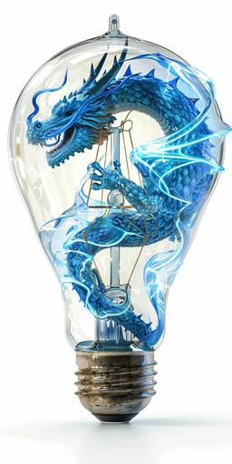 blue dragon in an electric bulb, white background, photorealistic, stock photo style --ar 1:2