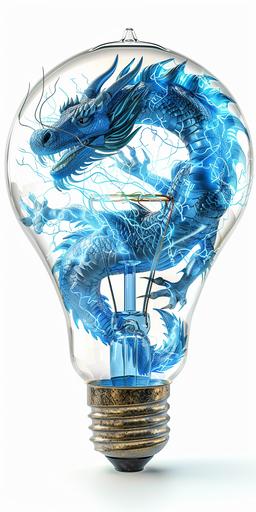 blue dragon in an electric bulb, white background, photorealistic, stock photo style --ar 1:2