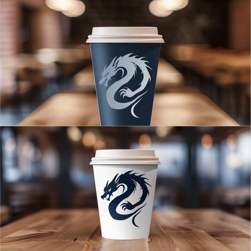 blue dragon, minimalist coffee logo applied in a paper coffee cup. Realistic coffee shop. --style raw