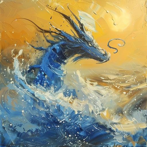 blue dragon, sea dragon, emerging from the ocean, large splash, golden hour