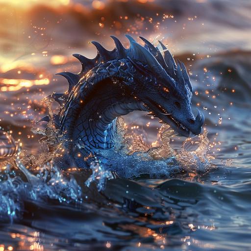 blue dragon, sea dragon, emerging from the ocean, large splash, golden hour --v 6.0